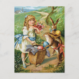 Postal Festiva Chica del Victorian con el poste de los conejitos