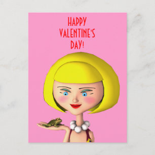 Postal Festiva Chica feliz con príncipe de rana