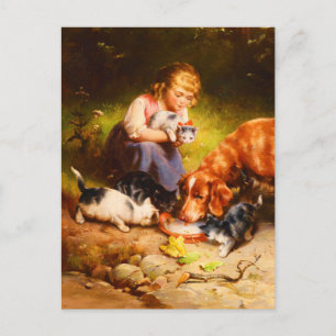 Postal Festiva Chica Gatitos y perro recuperador bebe leche