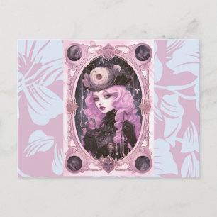 Postal Festiva Chica Gótica Cabello Púrpura Fondo Rosa Halloween
