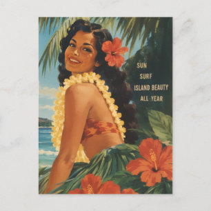 Postal Festiva Chica Hula Hawaiana Vintage Escape Aloha Paraíso