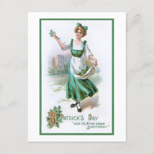 Postal Festiva Chica irlandés vintage con Shamrock