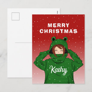 Postal Festiva Chica linda con sudadera con capucha de rana verde
