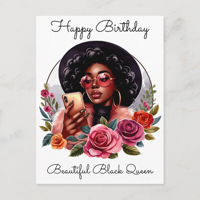 Postal Festiva Chica negra cumpleaños mágico Sista Melanin mujer (Anverso)