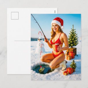 Postal Festiva Chica Pin-Up Juguetona Pescando con Bikini Rojo