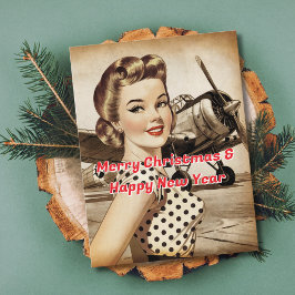 Postal Festiva Chica Pinup de época, avión WW2, Navidades elegant