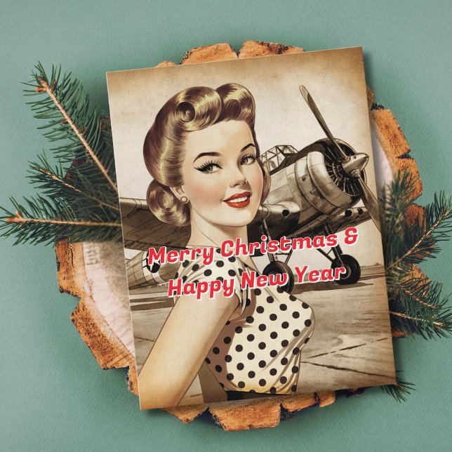Postal Festiva Chica Pinup de época, avión WW2, Navidades elegant (Subido por el creador)