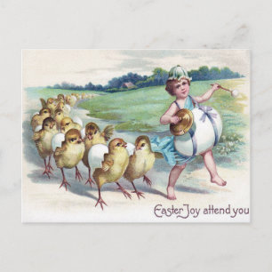 Postal Festiva Chica Pollito de Pascua Huevo Tambor Victoriano