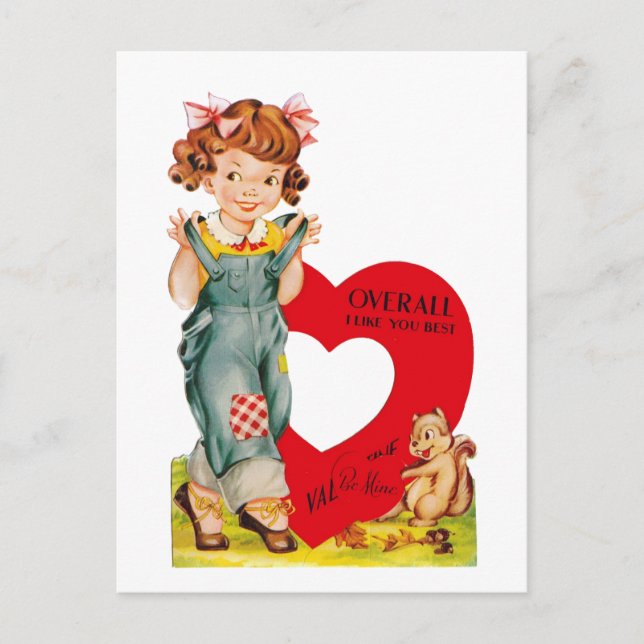 Postal Festiva chica retro vintage de San Valentín (Anverso)