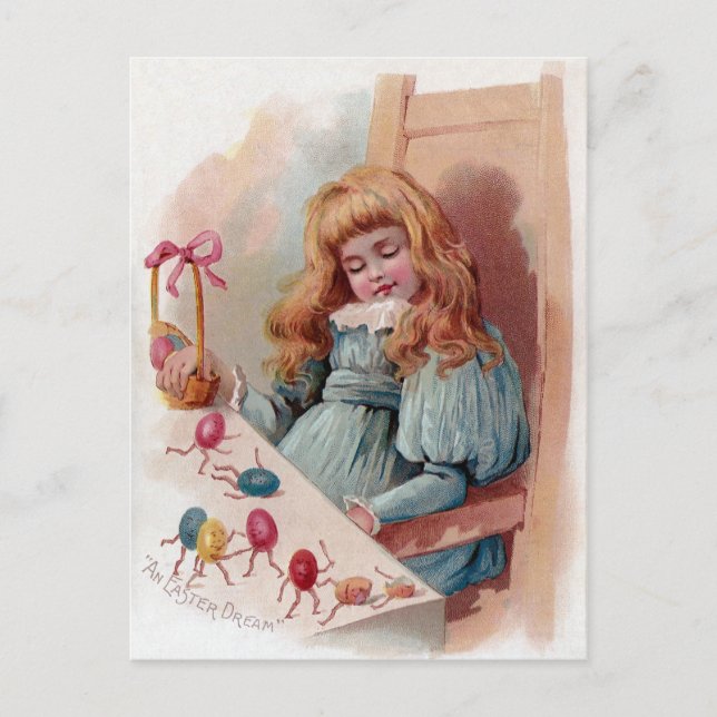 Postal Festiva Chica soñando con huevos de Pascua animados (Anverso)