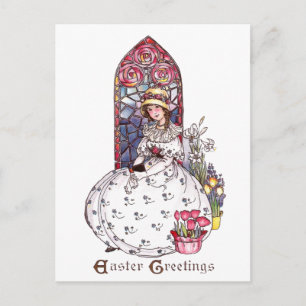 Postal Festiva Chica, ventana de vidrio manchado, pascua vintage