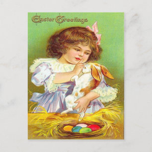 Postal Festiva Chica Vintage con Bunny & Easter Eggs Easter Card