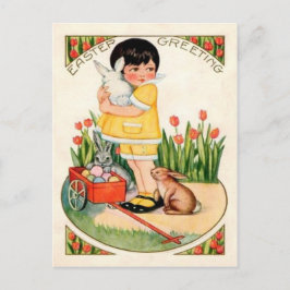 Postal Festiva Chica Vintage con conejos y huevos de Pascua Pascu