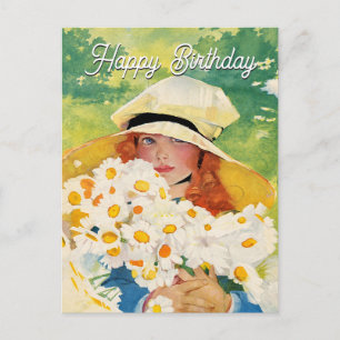 Postal Festiva Chica Vintage con Margaritas