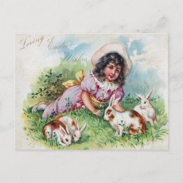Postal Festiva Chica Vintage Conejos Antiguo Pascua