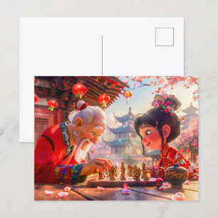 Postal Festiva Chica y abuelo jugando ajedrez moderno