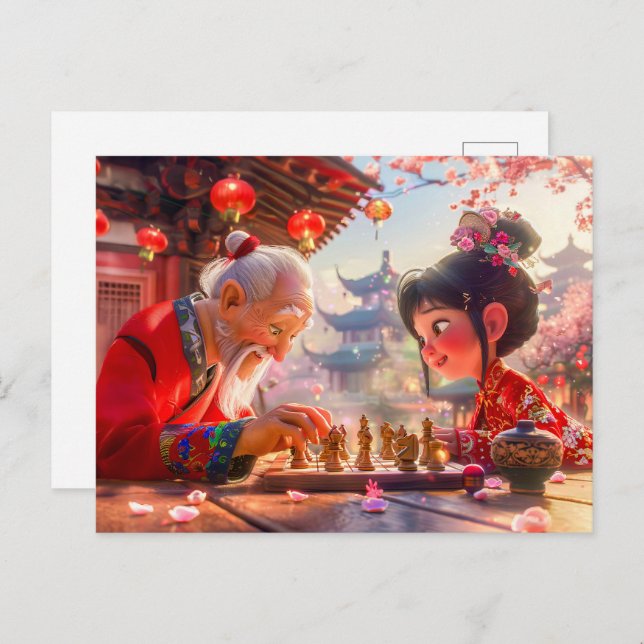 Postal Festiva Chica y abuelo jugando ajedrez moderno (Anverso / Reverso)