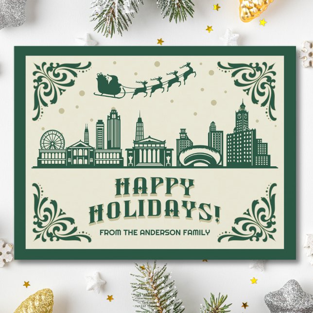 Postal Festiva Chicago, IL Skyline Happy Holidays (Happy Holidays Chicago, IL skyline cityscape christmas postcard customizable real estate Santa )