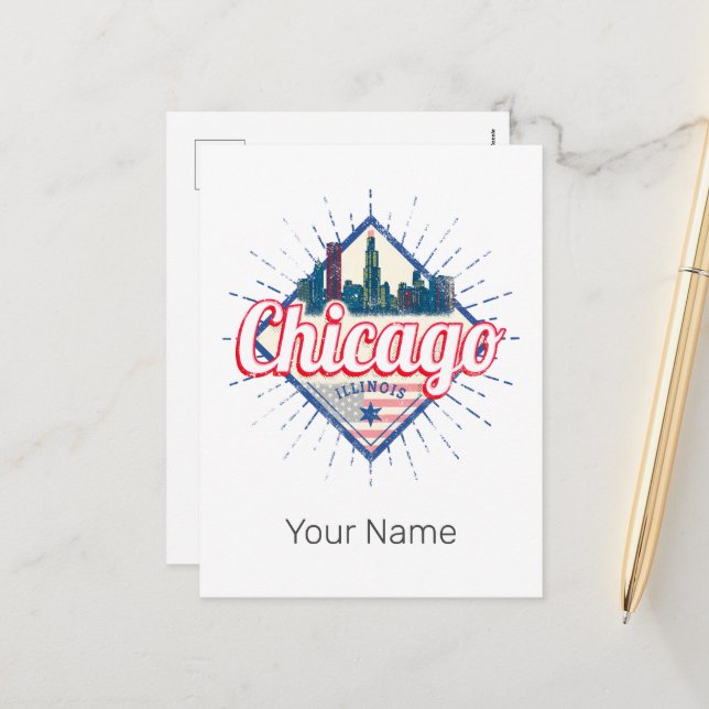 Postal Festiva Chicago Illinois Estados Unidos Retro Skyline USA (Anverso/Reverso In Situ)