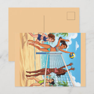 Postal Festiva Chicas de dibujos animados jugando voleibol de pla