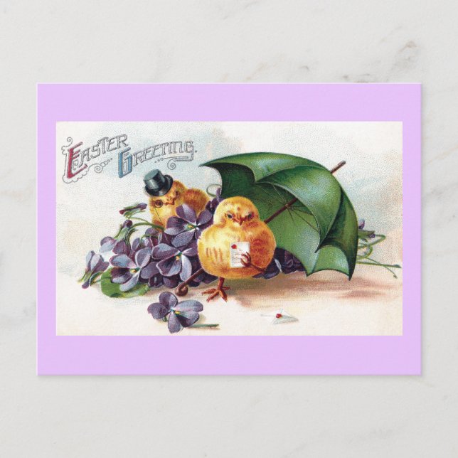 Postal Festiva Chicas de madera y violetas Vienen de Pascua (Anverso)