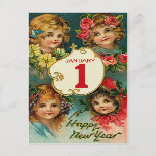 Postal Festiva Chicas Flores 1 de enero Año Nuevo