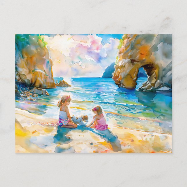 Postal Festiva Chicas tocando por roca costera acuarela (Anverso)