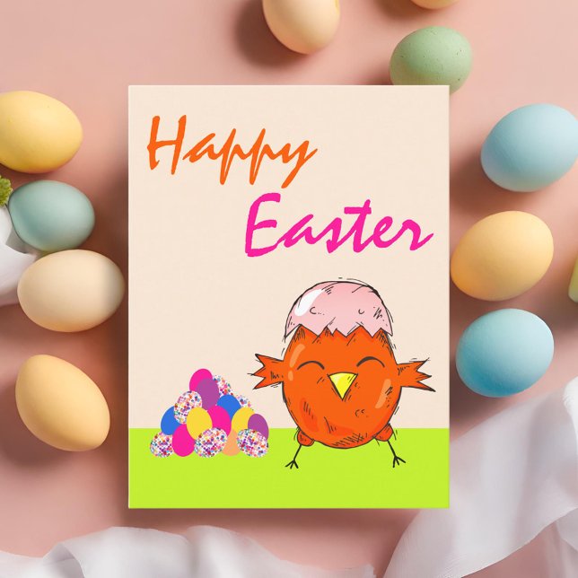 Postal Festiva Chick lindo con huevos de Pascua Feliz Pascua (Subido por el creador)