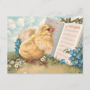 Postal Festiva Chick vintage de Pascua con música y flores