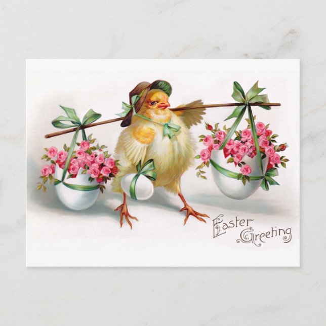 Postal Festiva Chick y flores de Pascua (Anverso)
