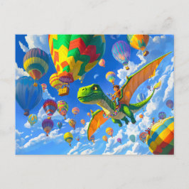 Postal Festiva Chico anime volando en un dragón dinosaurio y glob