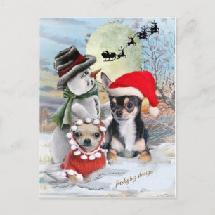 Postal Festiva Chihuahua con regalos de muñeco de nieve