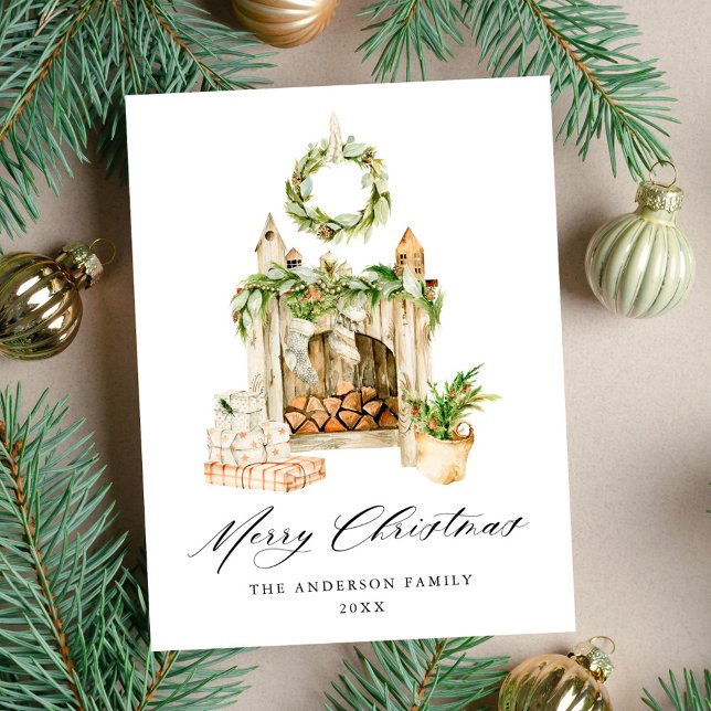 Postal Festiva Chimenea acuarela Boho con vegetación no fotográfi (Subido por el creador)