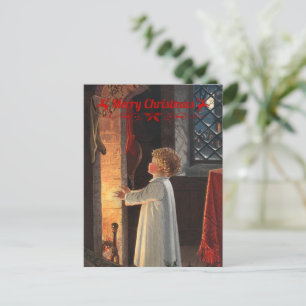 Postal Festiva Chimenea de navidades, medias y un niño