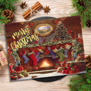 Postal Festiva Chimenea Navideña Vintage con Medias