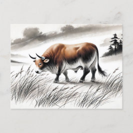 Postal Festiva China ink zodiac Strong Ox Grazing en la pradera