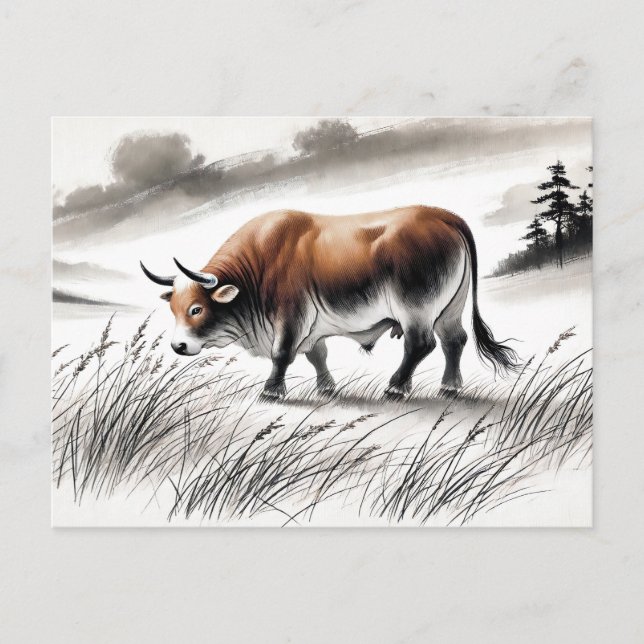 Postal Festiva China ink zodiac Strong Ox Grazing en la pradera (Anverso)