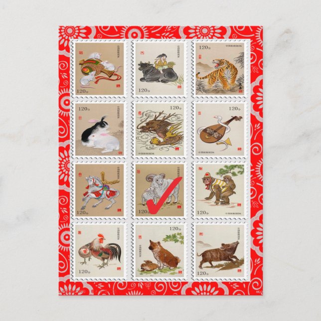 Postal Festiva Chino divertido Zodiac Feliz cumpleaños Año Nuevo  (Anverso)