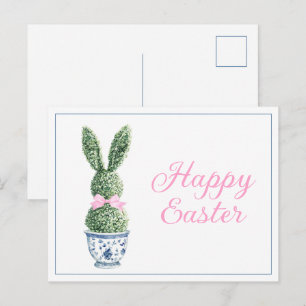 Postal Festiva Chinoiserie Azul y Blanco con Topiaria de Conejo