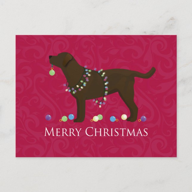 Postal Festiva Chocolate Lab Feliz diseño navideño (Anverso)