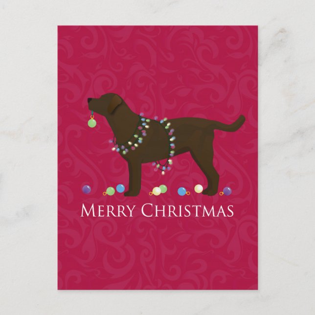 Postal Festiva Chocolate Lab Feliz diseño navideño (Anverso)