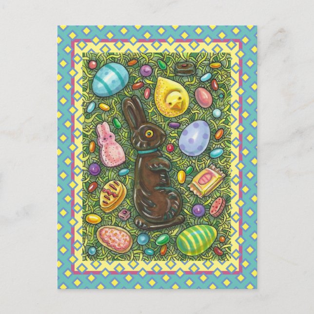 POSTAL FESTIVA CHOCOLATE PASTEL, CHICK, HUEVOS, JELLY BEANS (Anverso)