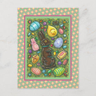POSTAL FESTIVA CHOCOLATE PASTEL, CHICK, HUEVOS, JELLY BEANS