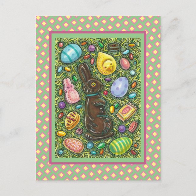 POSTAL FESTIVA CHOCOLATE PASTEL, CHICK, HUEVOS, JELLY BEANS (Anverso)