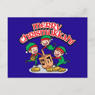 Postal Festiva Chrismukkah saludo con elfos y sueños