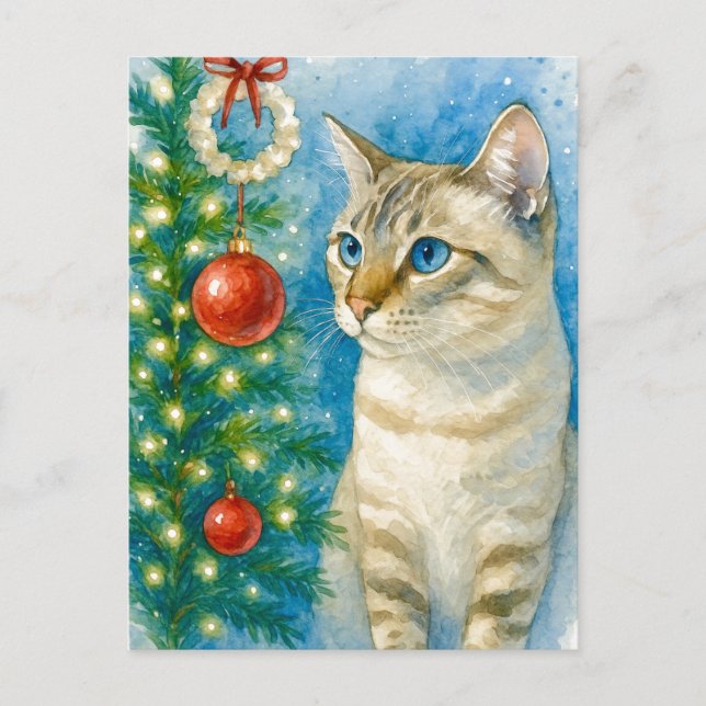 Postal Festiva Christmas Cat by the Tree Postcard (Anverso)