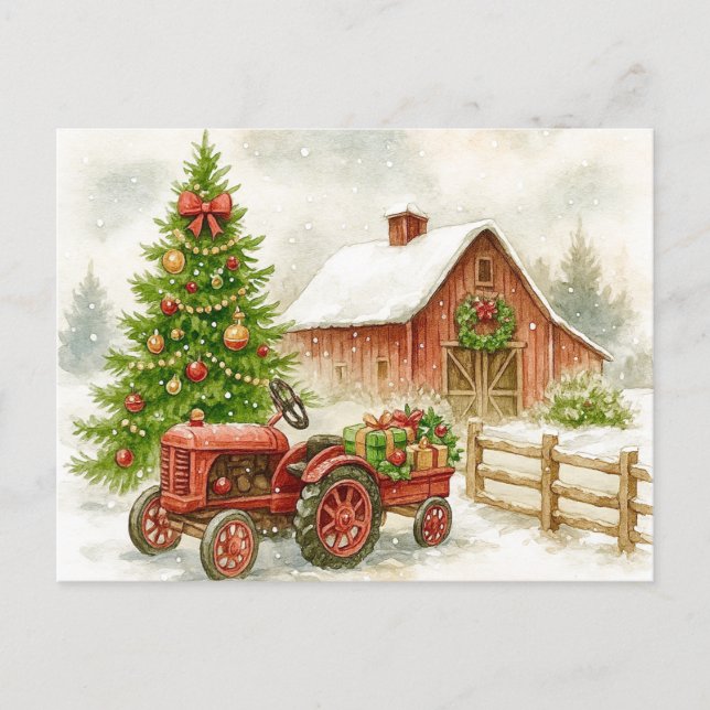 Postal Festiva Christmas Farm Morning Red Tractor Barn Postcard (Anverso)