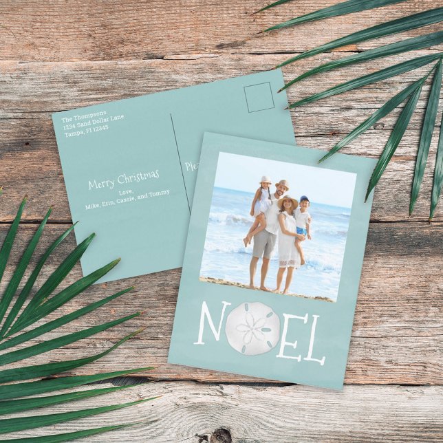 Postal Festiva Christmas Holiday Noel Photo Simple Beach Budget  (Holiday Christmas Noel Sand Dollar Beach Typography Postcard.)