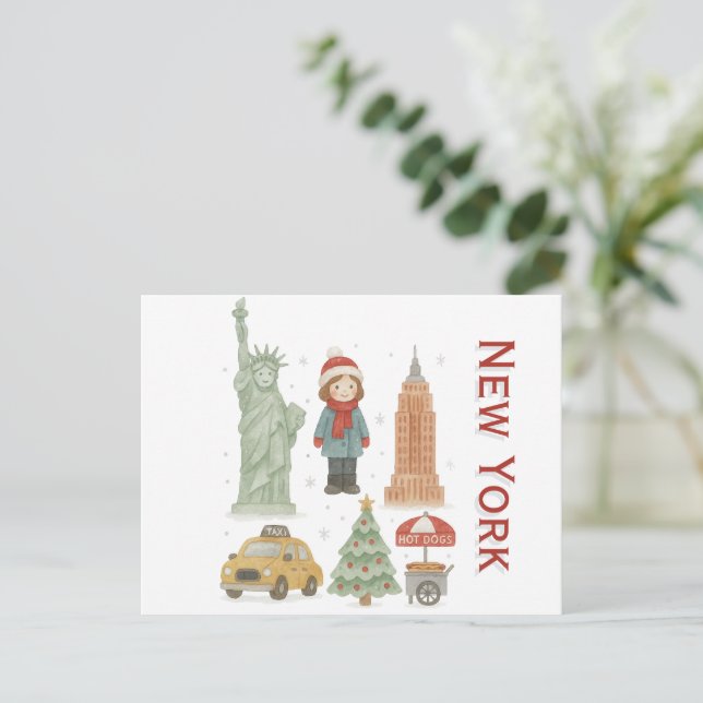 Postal Festiva Christmas in New York Watercolor – Cute  (Anverso de pie)