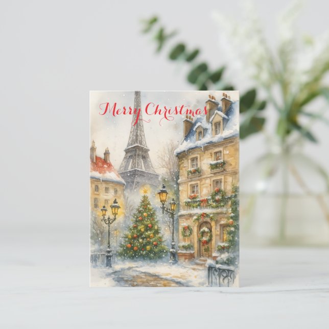 Postal Festiva Christmas in Paris Holiday Postcard – Watercolor (Anverso de pie)